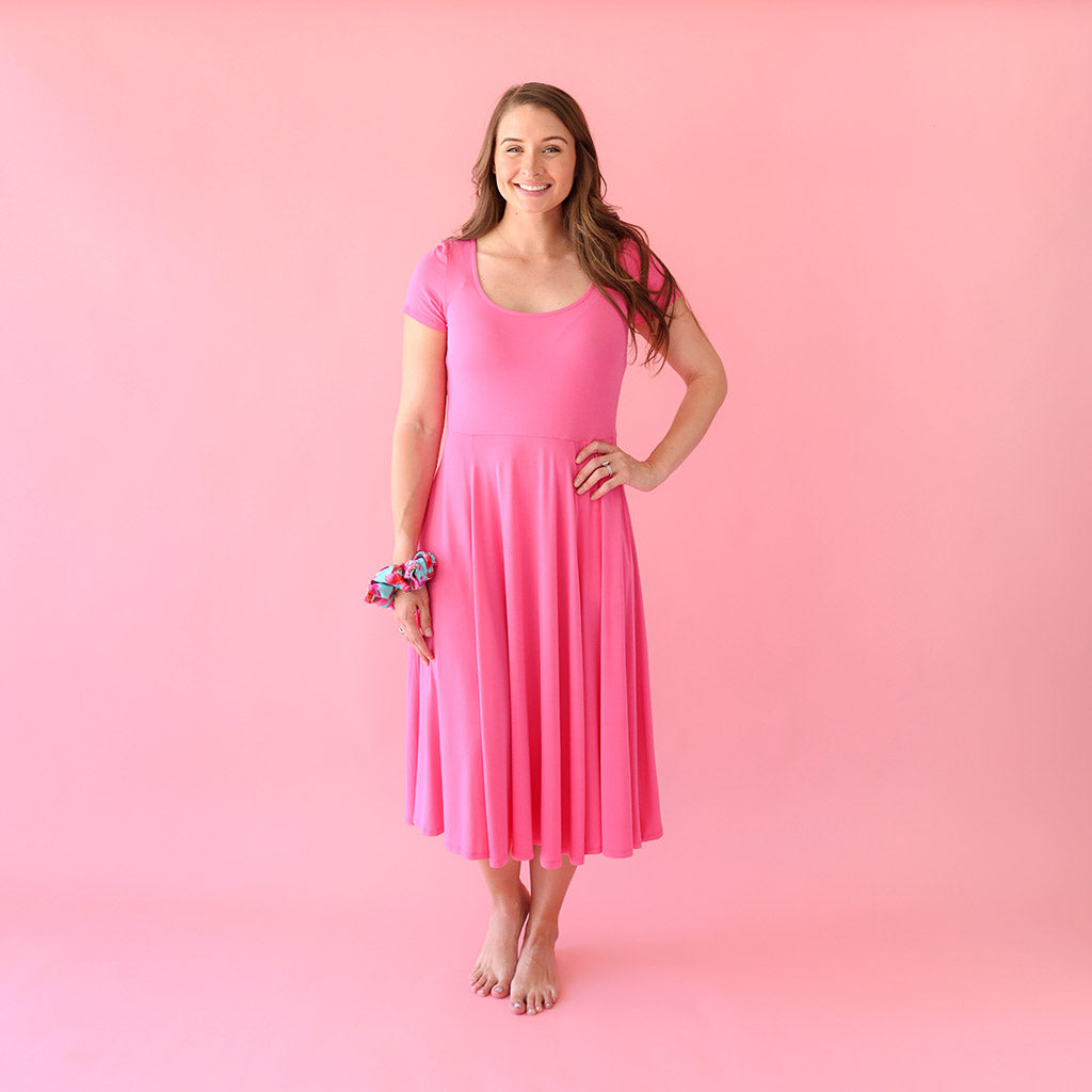 Solid Pink Women's Midi Flare Dress | Posh Hot Pink