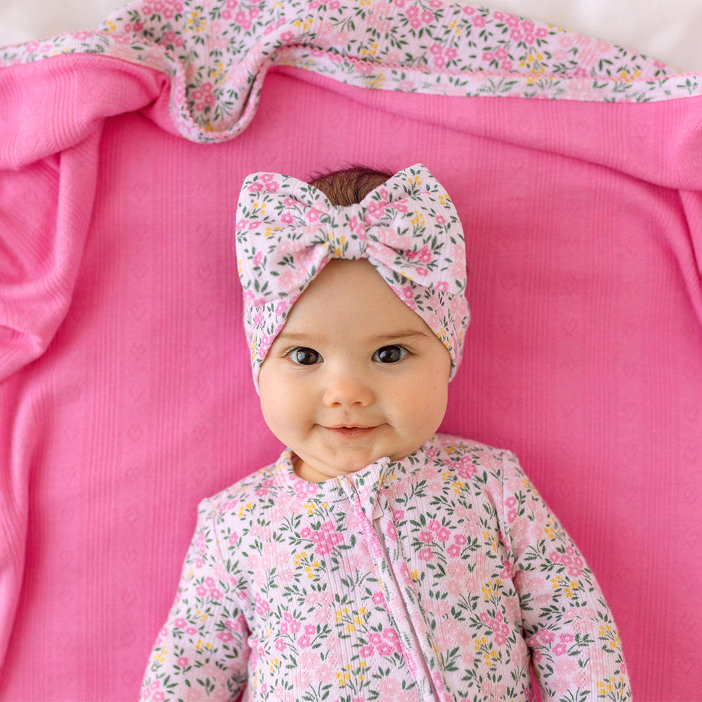 Floral Pointelle Pink Baby Girl Big Bow Headwrap