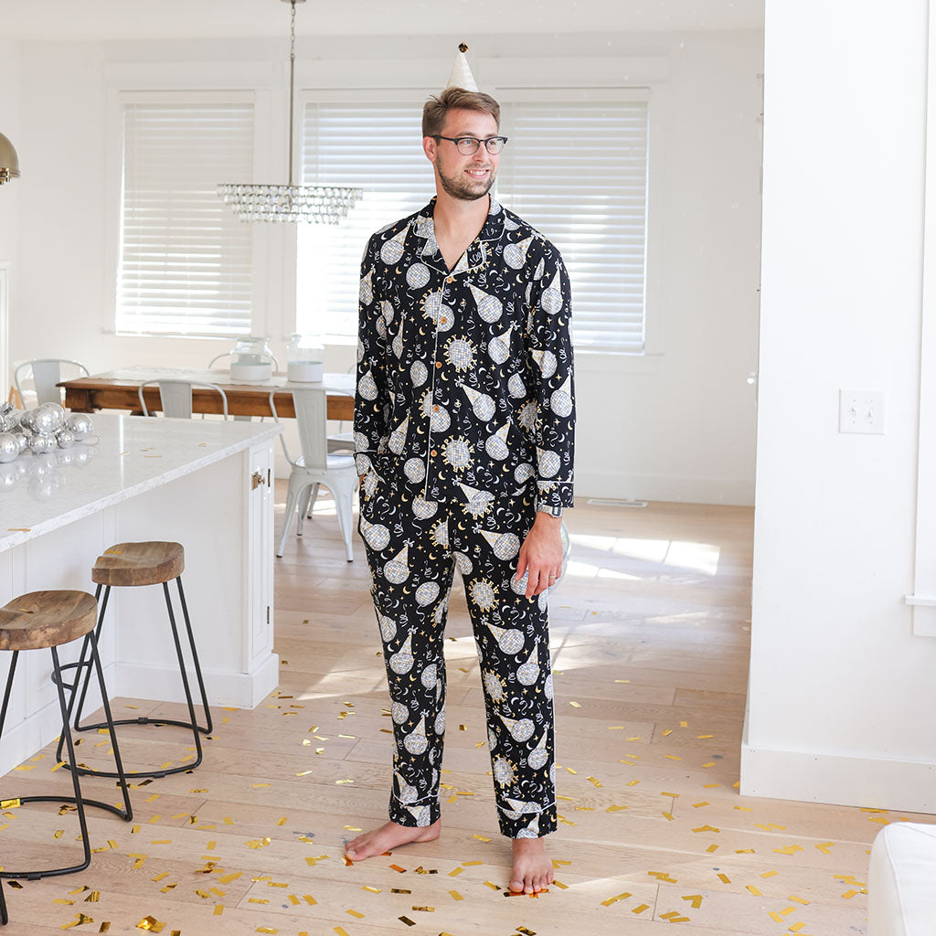 New Year's Black Long Sleeve Luxe Men's Pajamas | Midnight Bash, image size:1024x1024