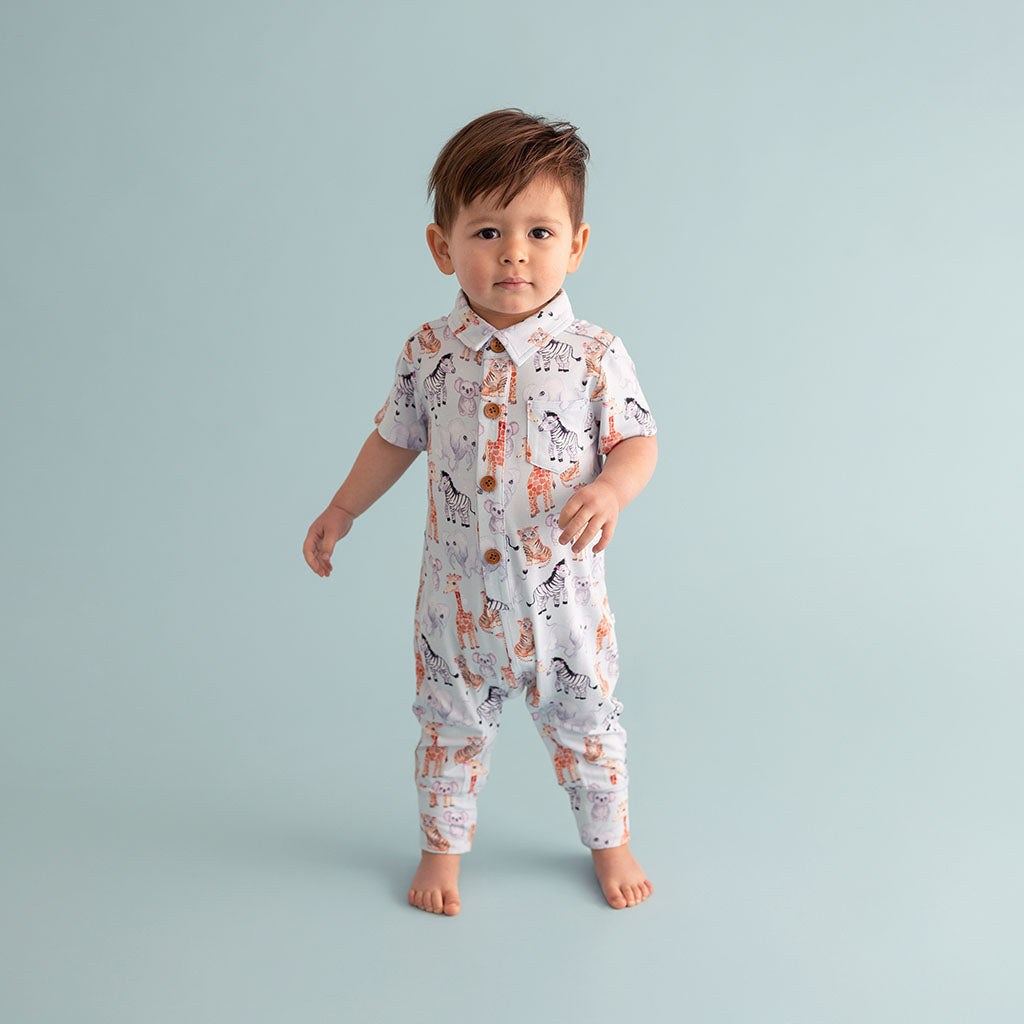 Animals Green Boys Henley Romper Zoo Babies