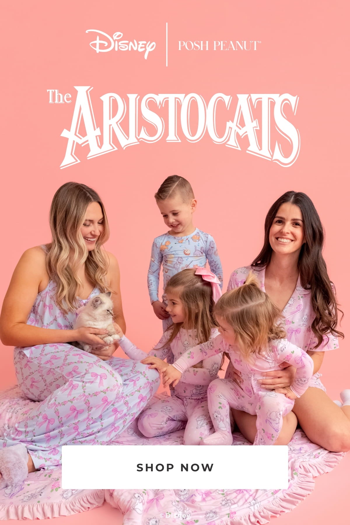 Family with children in matching pajamas on a pink background, featuring Disney The Aristocats logos.