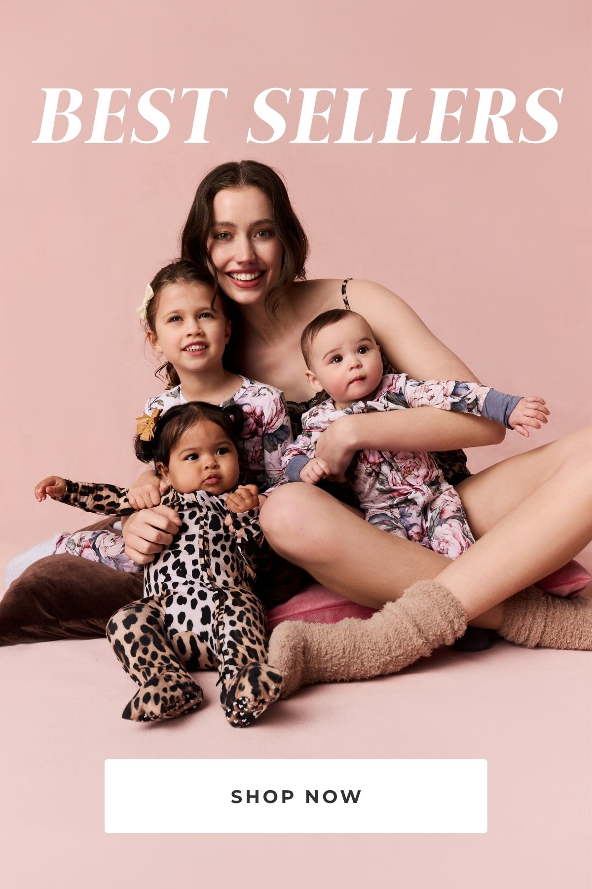 Woman with three children on a pink background with 'Best Sellers' text and 'Shop Now' button.