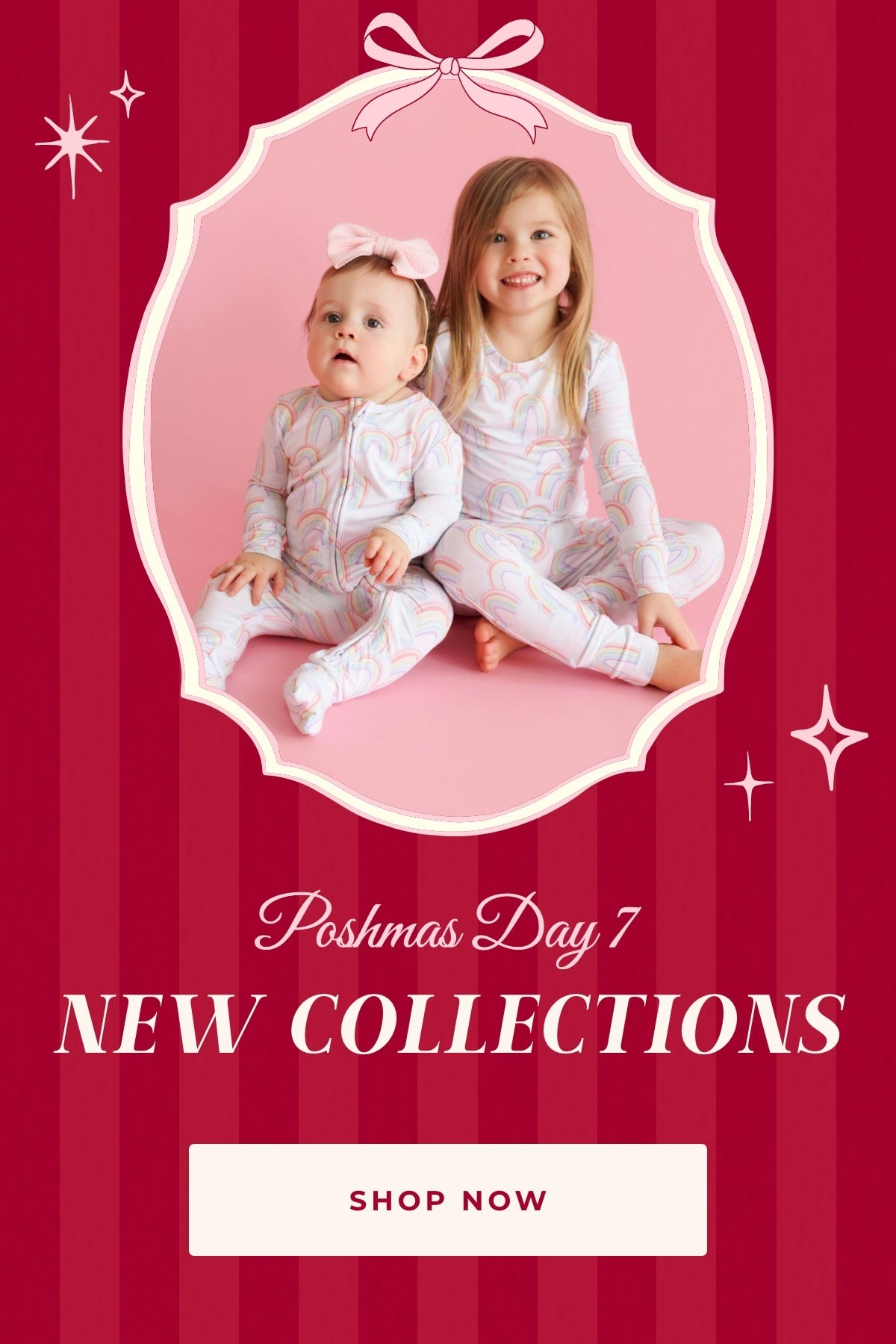 siblings sitting together both wearing rainbow themed print pajamas and one piece with text 'Poshmas Day 7 New Collections Shop Now' on red striped background with holiday design elements
