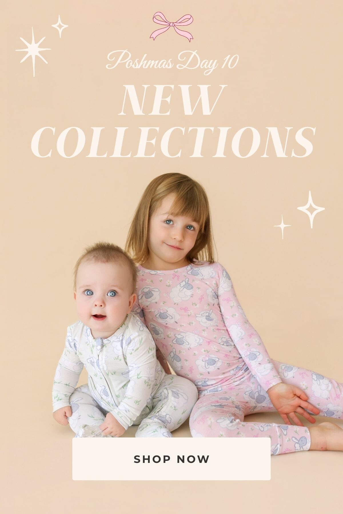 two young siblings wearing matching sheep themed print pajamas sitting down together with text 'Poshmas Day 10 New Collections Shop Now' on beige background with holiday design elements