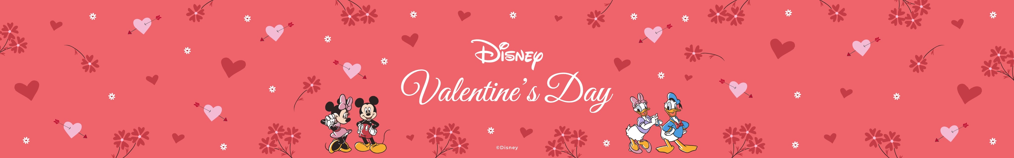 promotional banner with Disney characters and text 'Disney Valentine's Day ©Disney' with hearts and flower design elements on light red background
