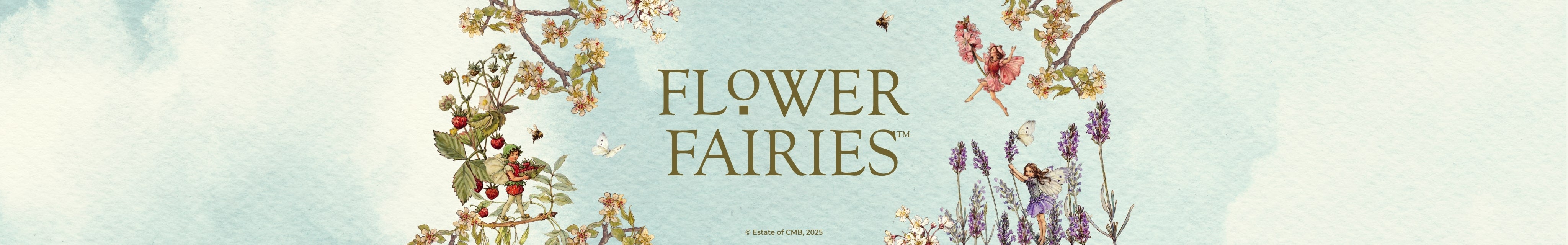 whimsical promotional banner featuring three different Flower Fairies with text 'Flower Fairies™ © Estate of CMB, 2025