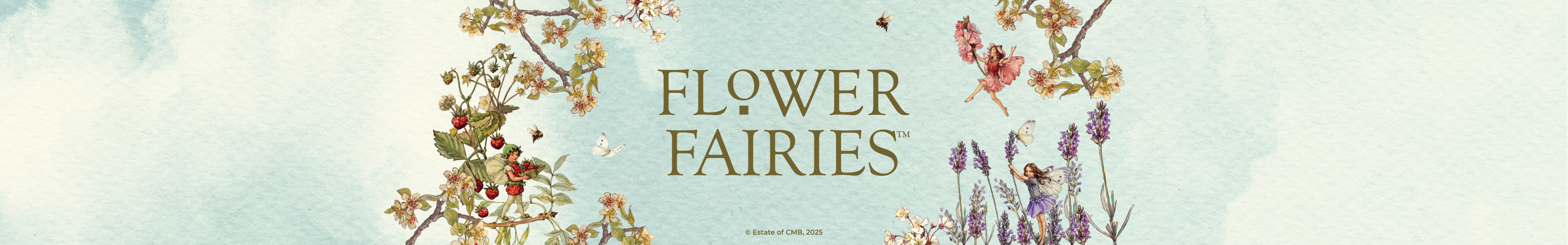 whimsical promotional banner featuring three different Flower Fairies with text 'Flower Fairies™ © Estate of CMB, 2025