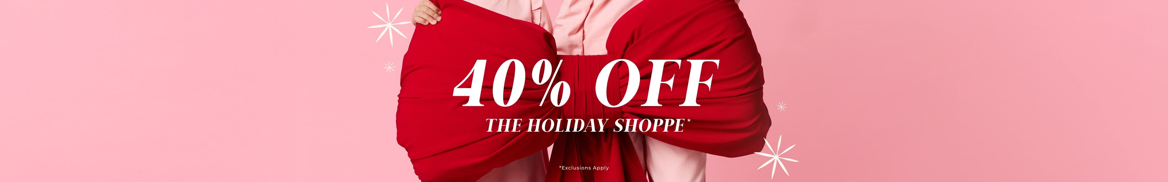Promotional banner with a large red bow and text '40% Off The Holiday Shoppe' on a pink background.