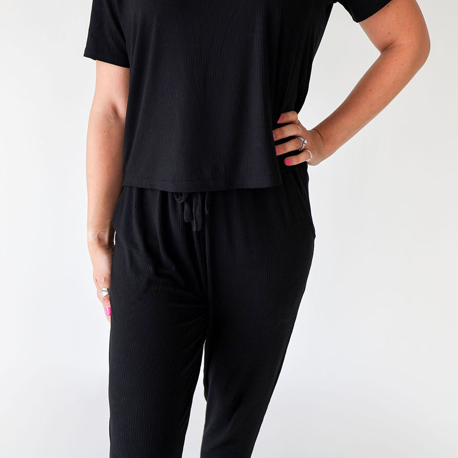 Black Ribbed Women's Paperbag Joggers