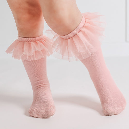 Starry Pink Tulle Ruffle Knee High Socks