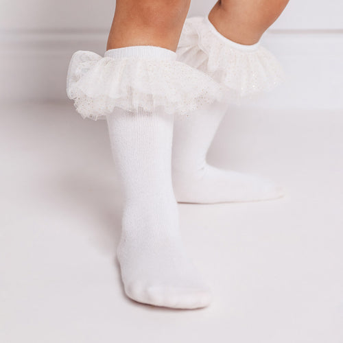White Tulle Ruffle Knee High Socks