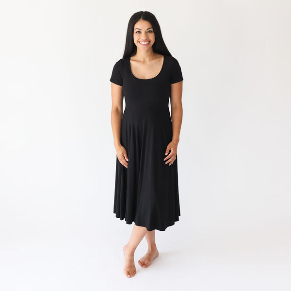 Solid Ribbed Black Women's Midi Flare Dress