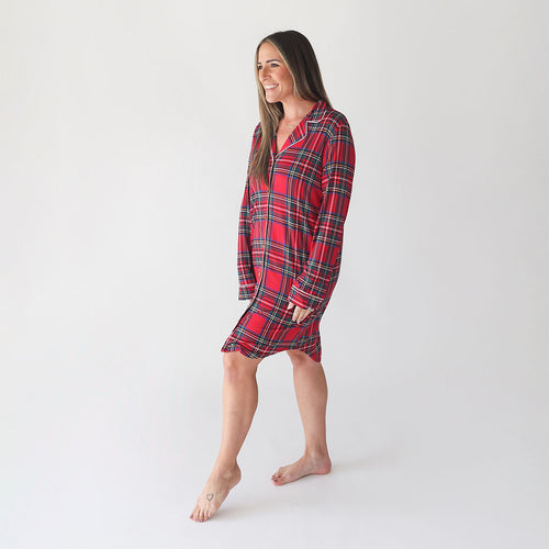 Red Tartan Plaid Women's Long Sleeve Luxe Pajama Dress
