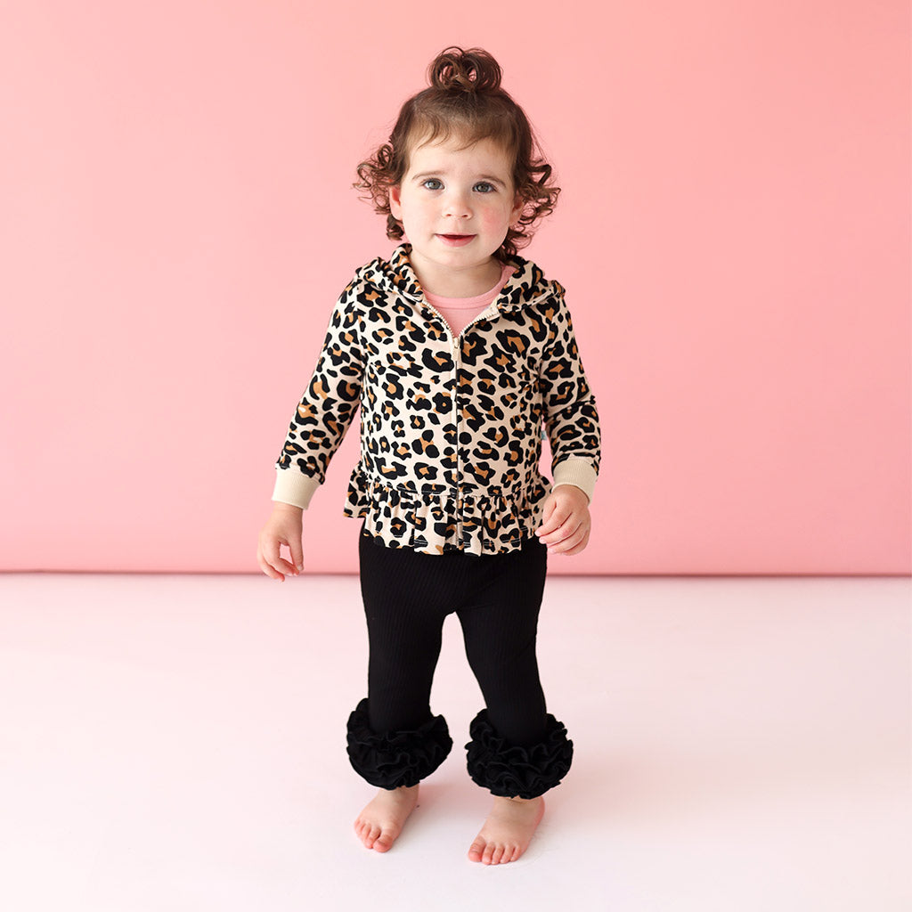 2-piece Kid Girl Ruffled Ribbed Long-sleeve Top and Solid Leggings Set