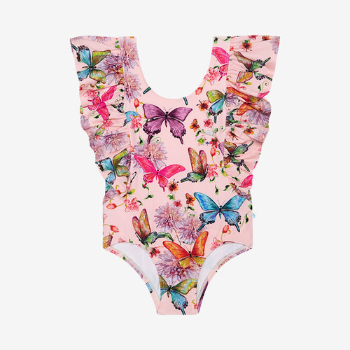 Watercolor Butterfly Flutter Sleeve One Piece Swimsuit