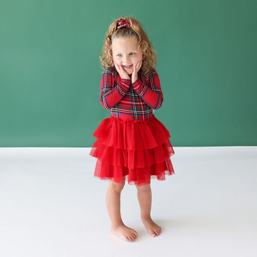 Red Tartan Plaid Long Sleeve Tulle Dress