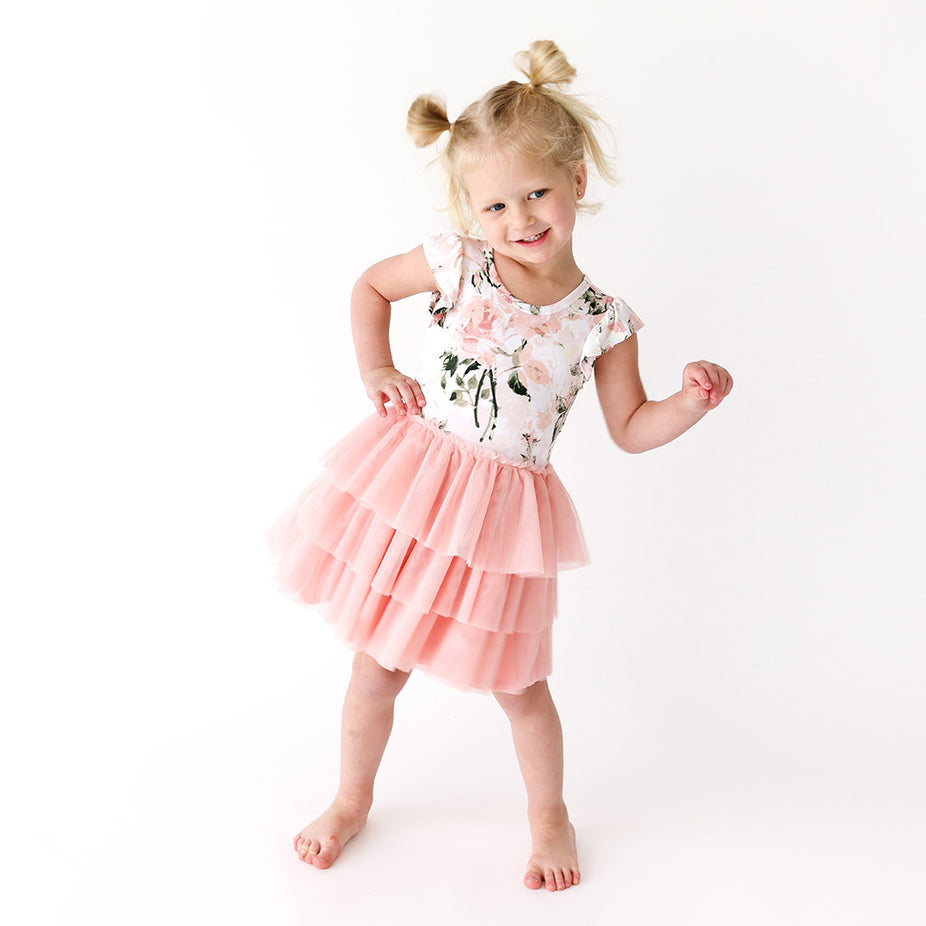 Floral Pink Girl Toddler Tulle Dress Vintage Pink Rose