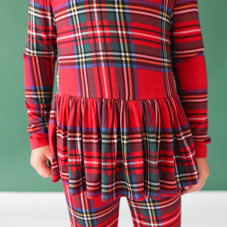 Red Tartan Plaid Long Sleeve Peplum