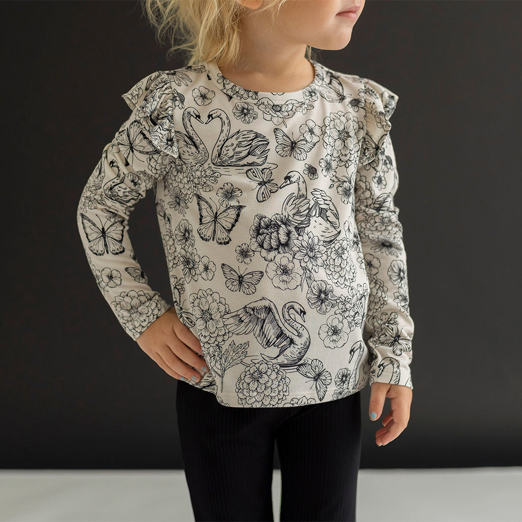 Swan Floral White Long Sleeve Ruffled Toddler Shirt | Junie