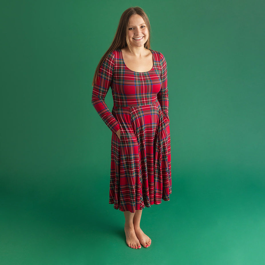 Red Tartan Plaid Women's Midi Twirl Dress