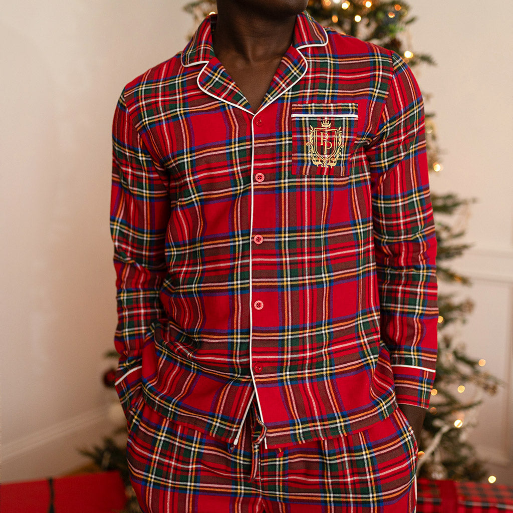 Holiday Red Long Sleeve Luxe Men's Pajamas Red Tartan Plaid