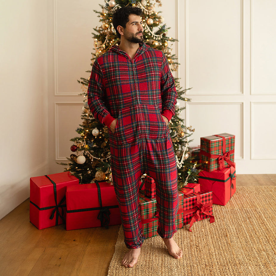 Red Tartan Plaid Men's Pacci Hooded Jumpsuit