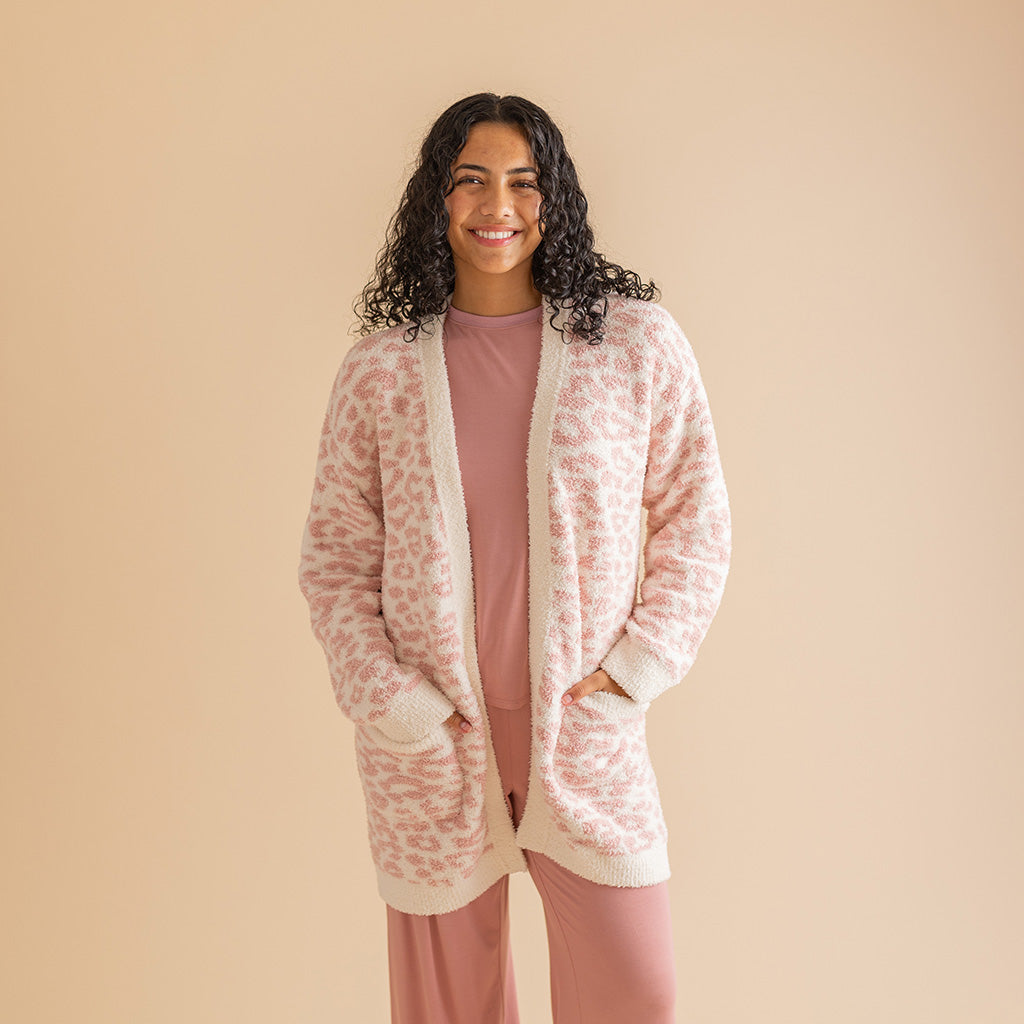 Leopard Pink Long Sleeve Delaney Women's Cuddle Cardigan | Posh