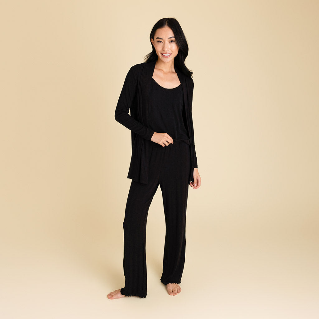 Solid Long Sleeve Women's Black Pointelle Fly Away Cardigan | Posh