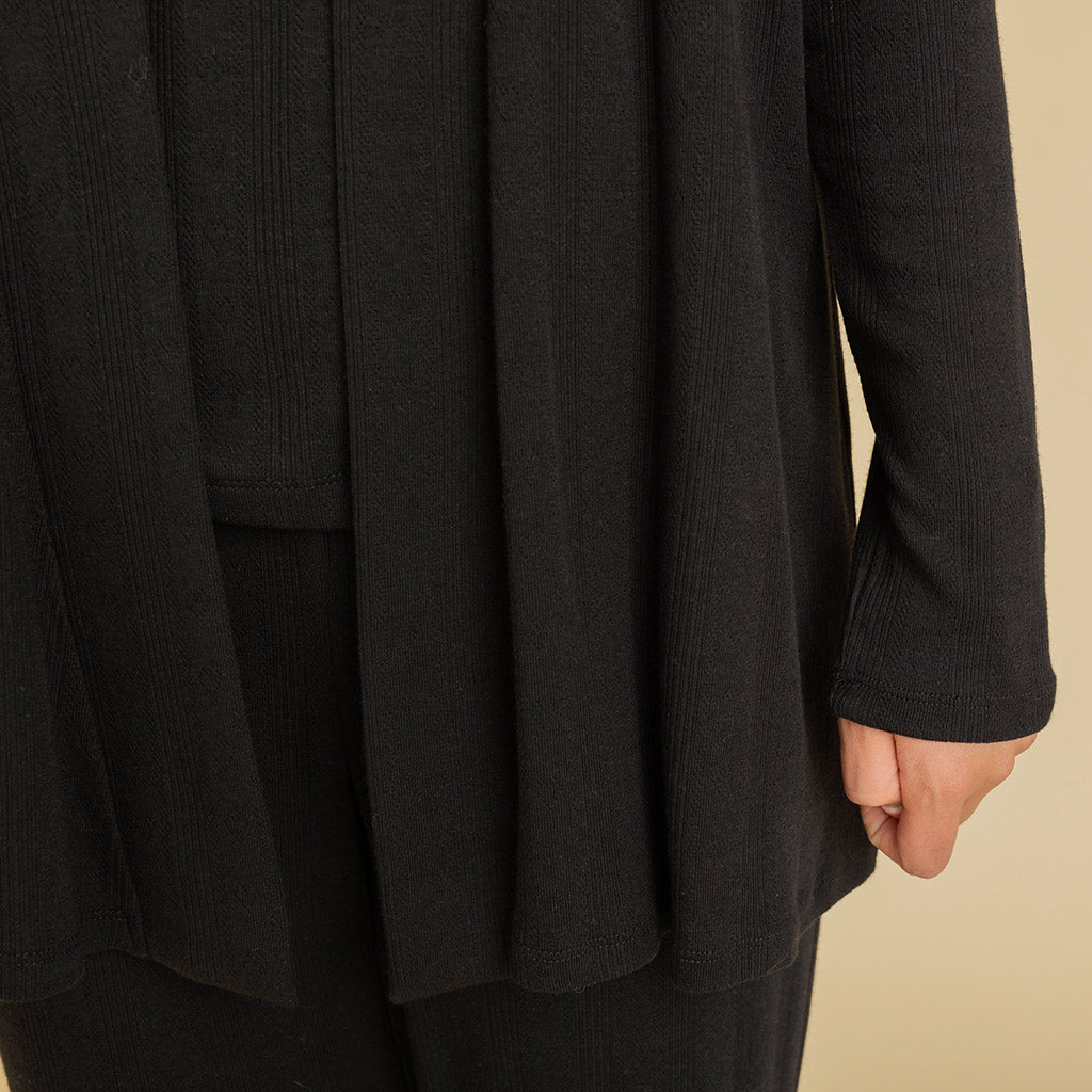 Solid Long Sleeve Women's Black Pointelle Fly Away Cardigan | Posh