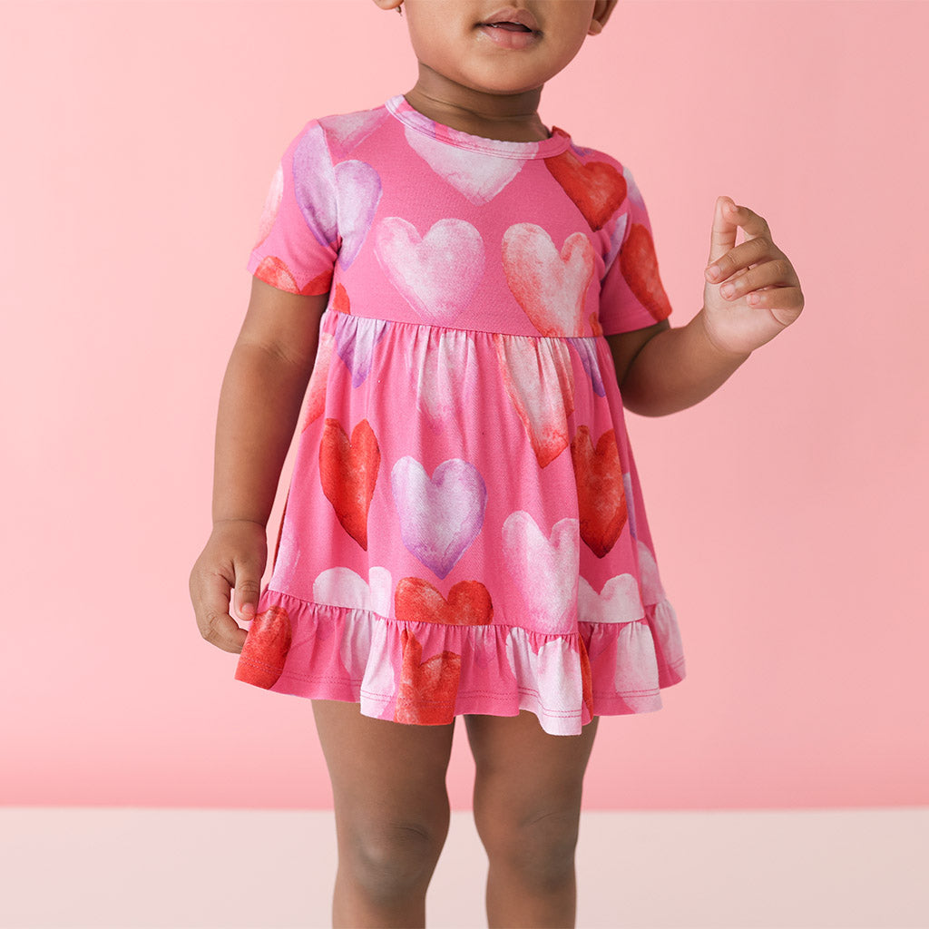 Hearts Pink Ruffled Baby Bodysuit Dress