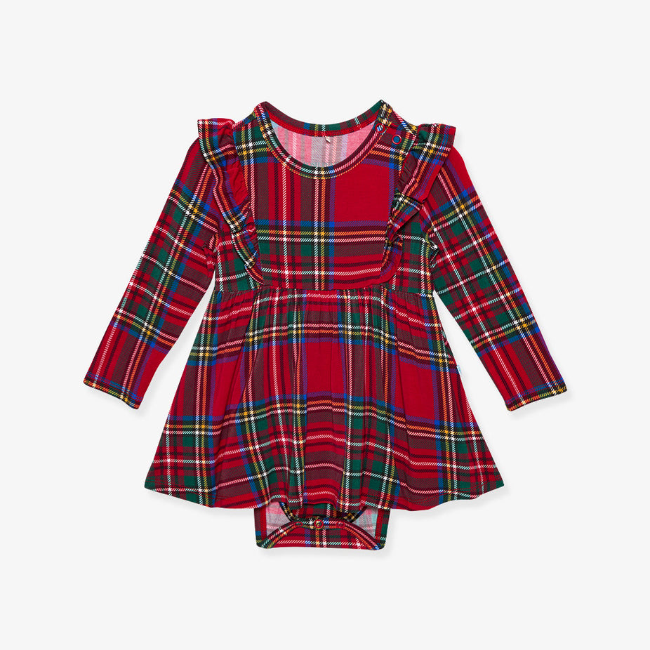 Red Tartan Plaid Ruffled Bodysuit Dress