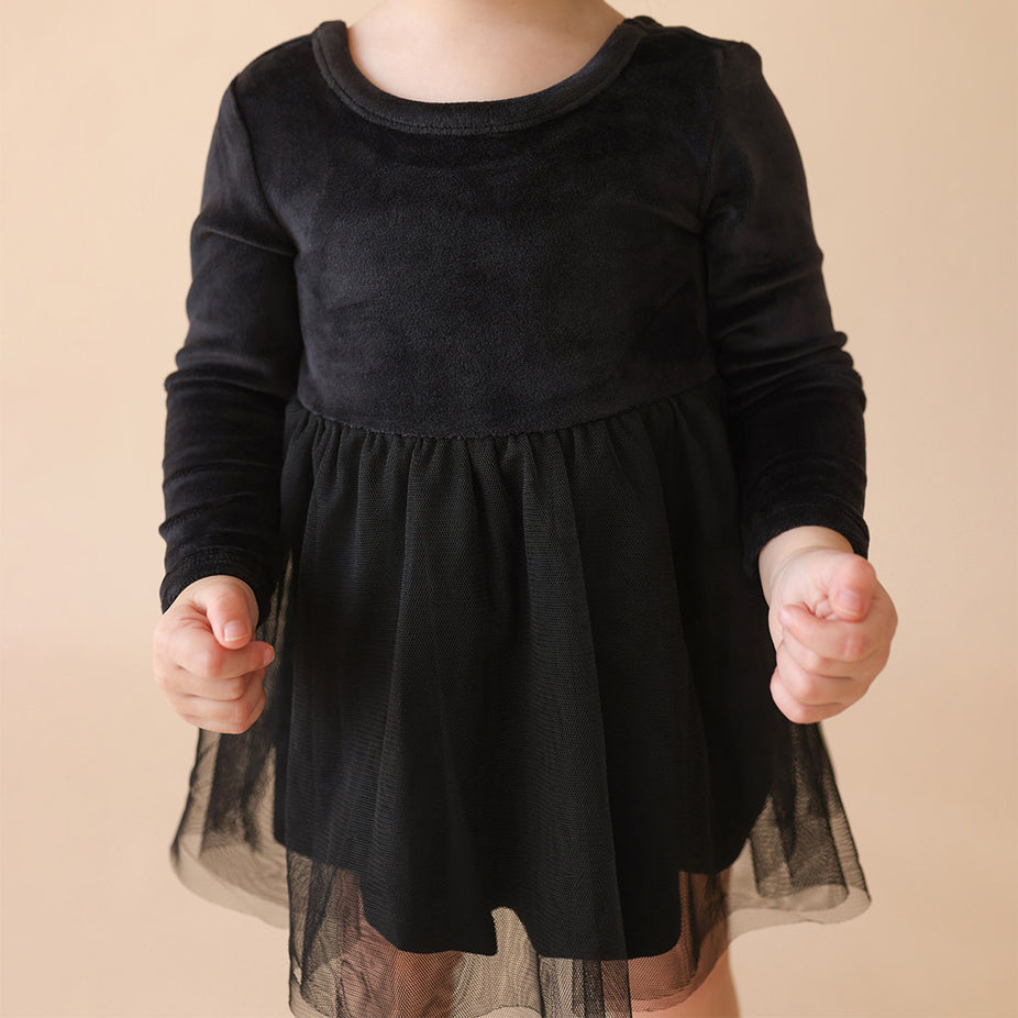 Black Velour Tulle Bodysuit Dress