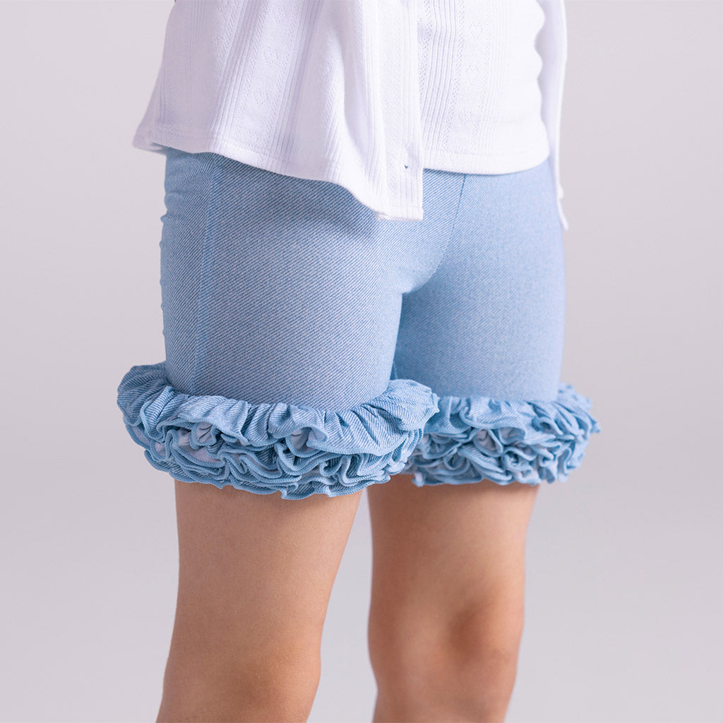 Denim Blue Toddler Girl Ruffled Bike Shorts Light Blue Denim