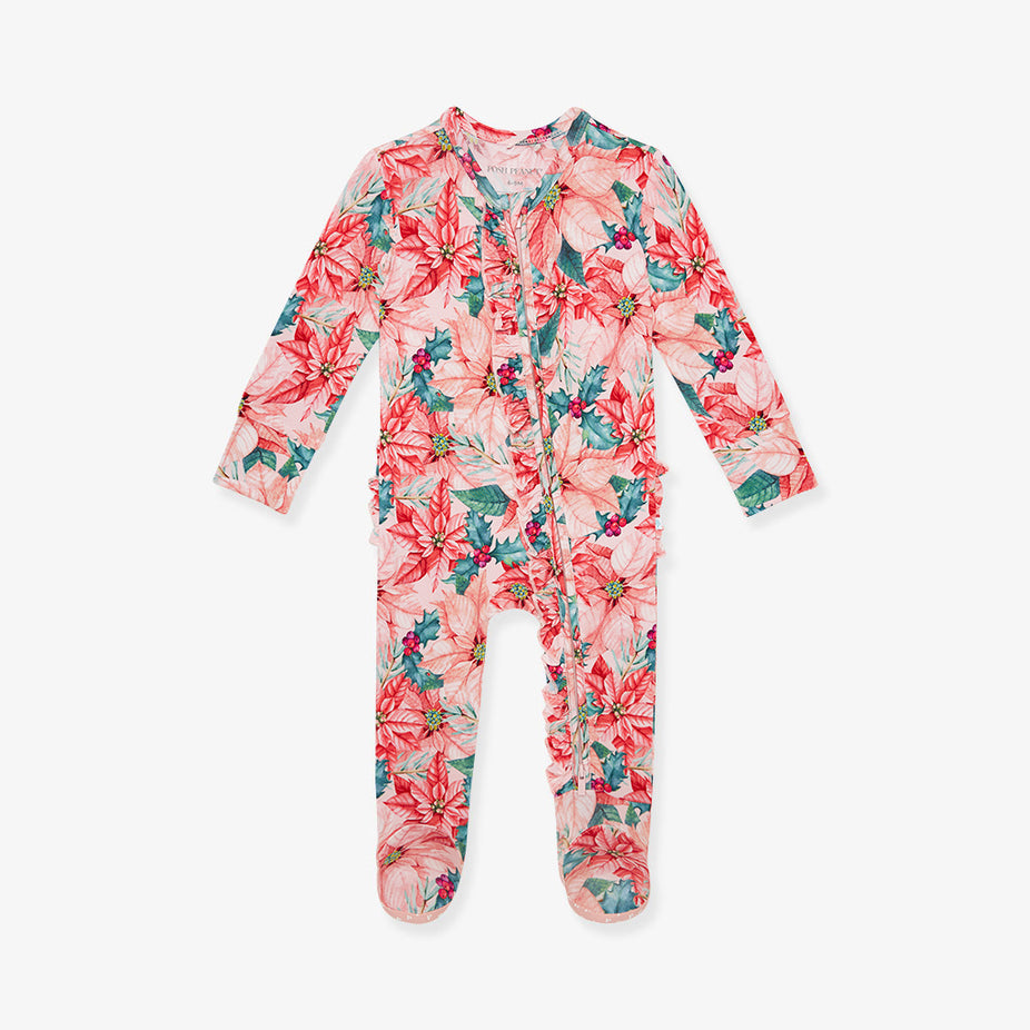 Poinsettia Footie Ruffled Zippered One Piece