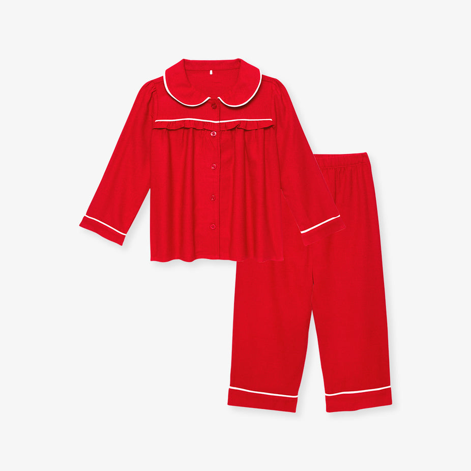 Garnet Red Flannelette Ruffled Pajama Set