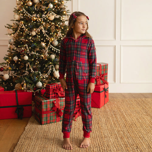 Red Tartan Plaid Pacci™ Hooded Jumpsuit