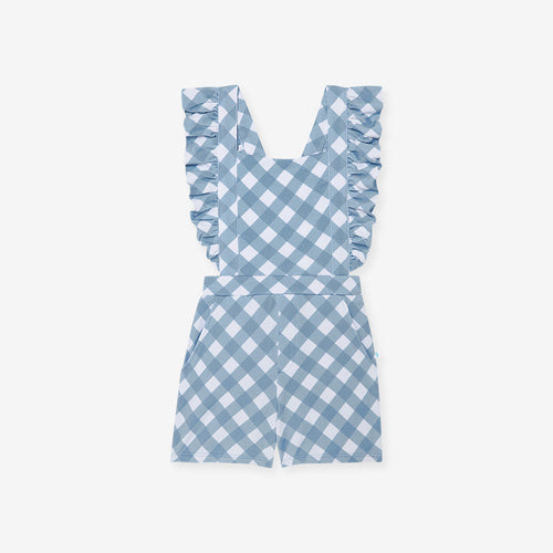 Dusty Blue Gingham French Terry Short Overalls