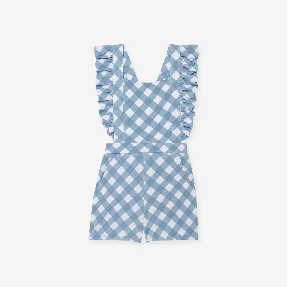 Dusty Blue Gingham French Terry Short Overalls