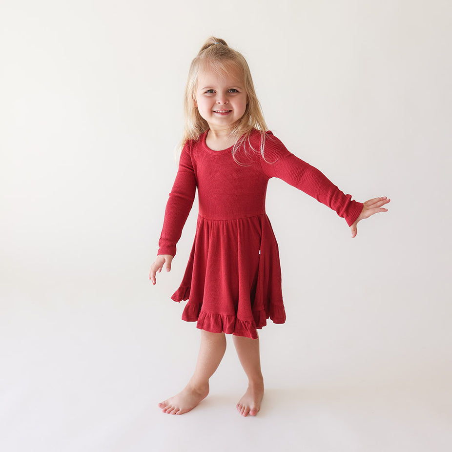 Crimson Waffle Ruffled Twirl Dress