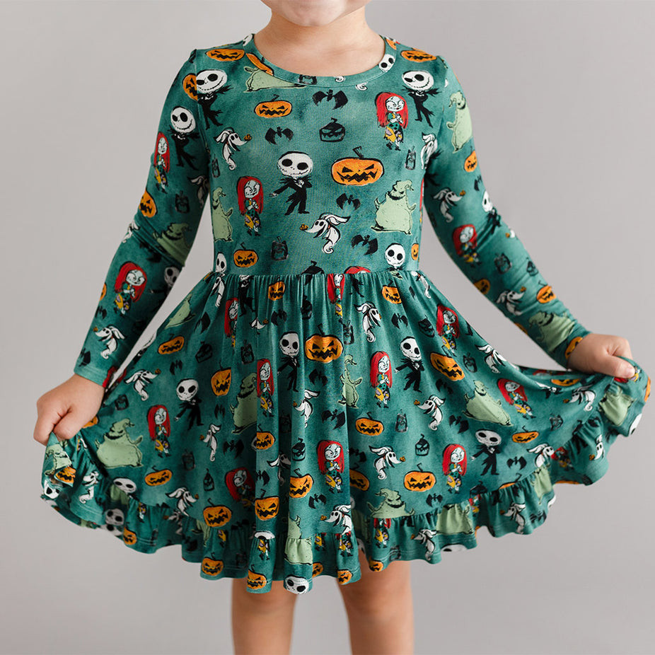 Disney The Nightmare Before Christmas Inky Winter Long Sleeve Ruffled Twirl Dress