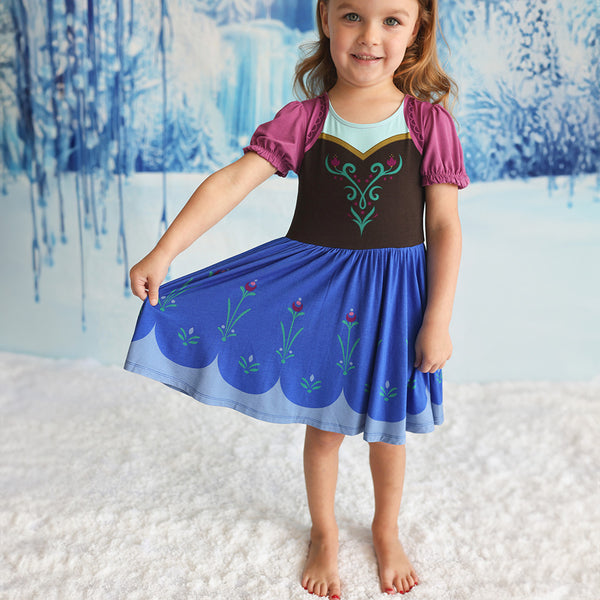 Blue Ruffled Cap Sleeve Girl Twirl Dress Disney Frozen Anna