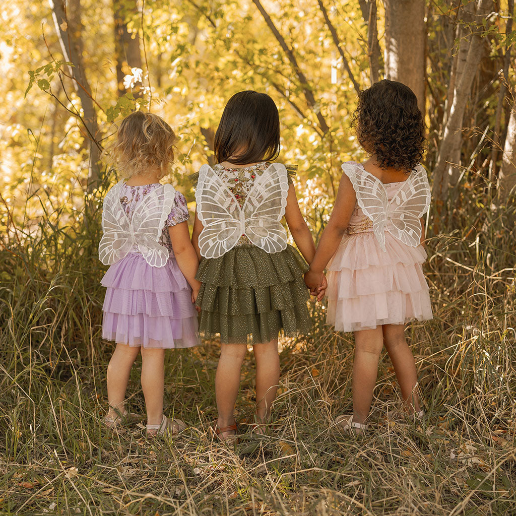 Three young girls in different Flower Fairies themed dresses with butterfly wings standing in a forest.