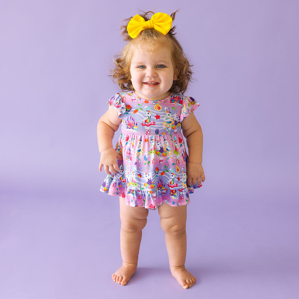 Rabbit Pink Ruffled Baby Bodysuit Dress | Lisa Frank® Ballerina Bunnies