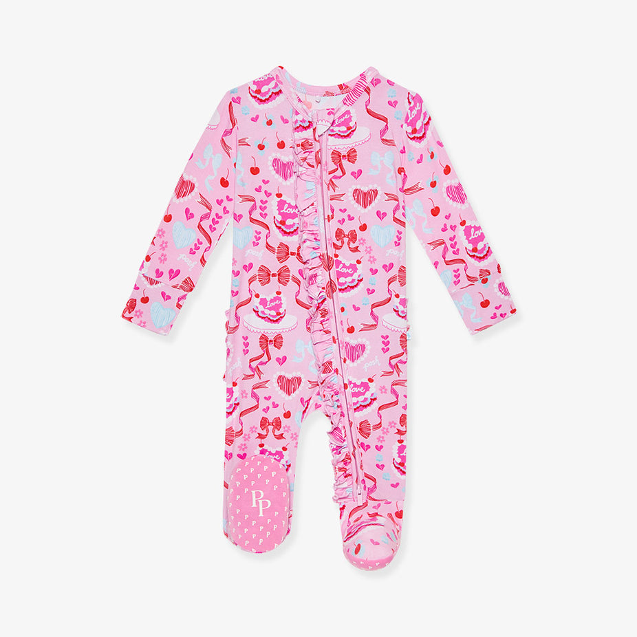 Love Cake Footie Ruffled Zippered One Piece