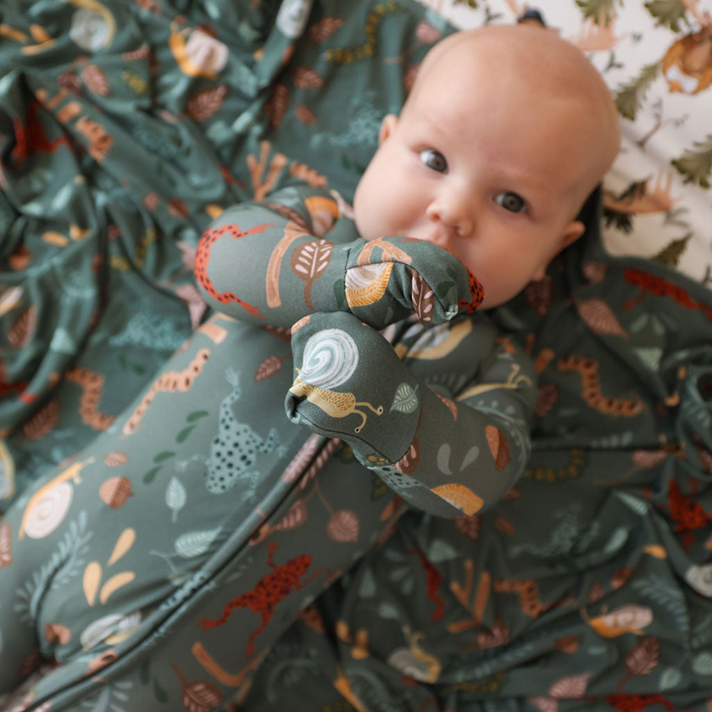Woodland Friends Green One Piece Baby Footie Pajamas | Hawthorne, image size:1024x1024