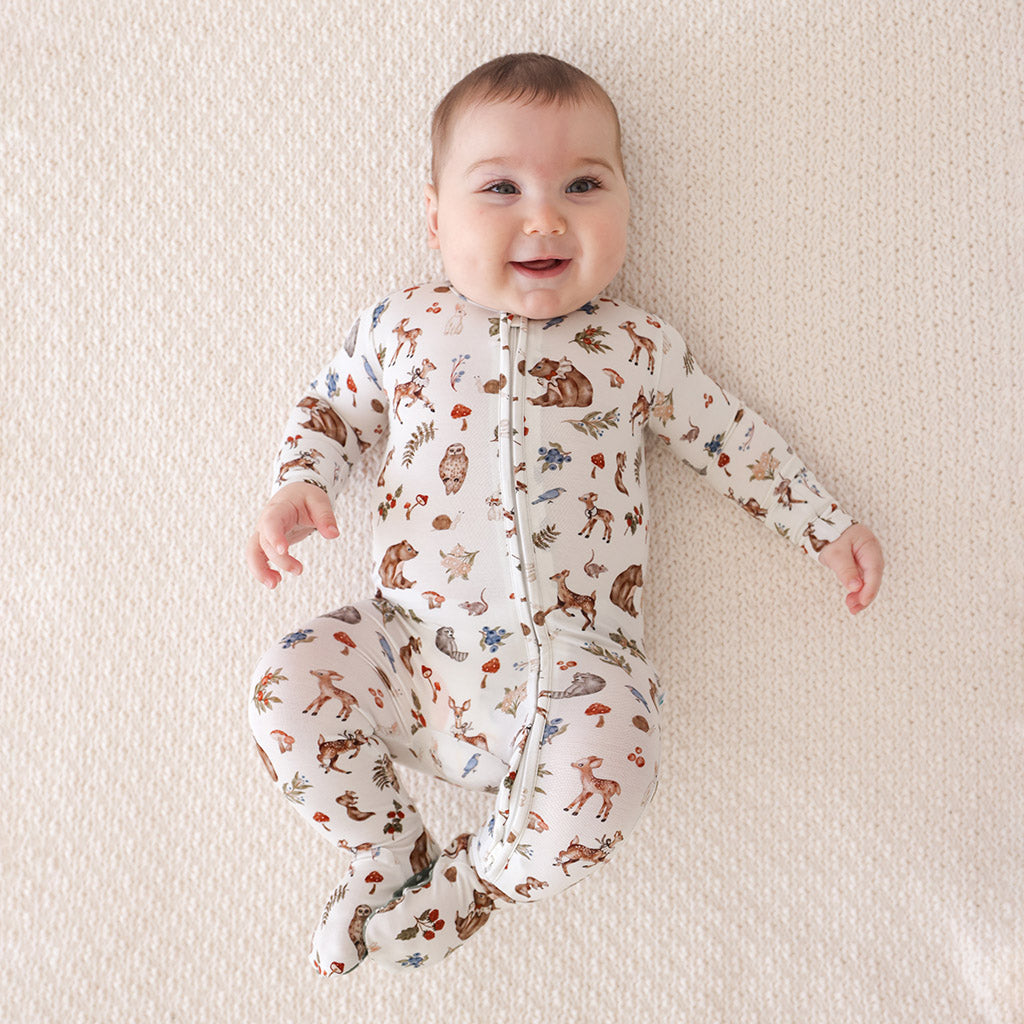 Forest Animal White One Piece Baby Footie Pajamas | Iridessa