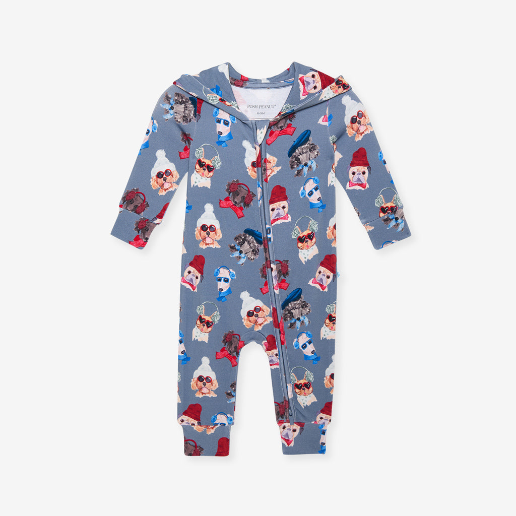 Dog Blue Long Sleeve Hooded Baby Romper | Quinlyn