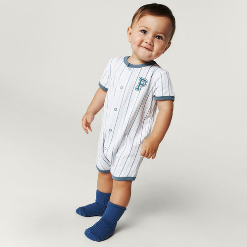 Club Posh Blue French Terry Baseball Romper