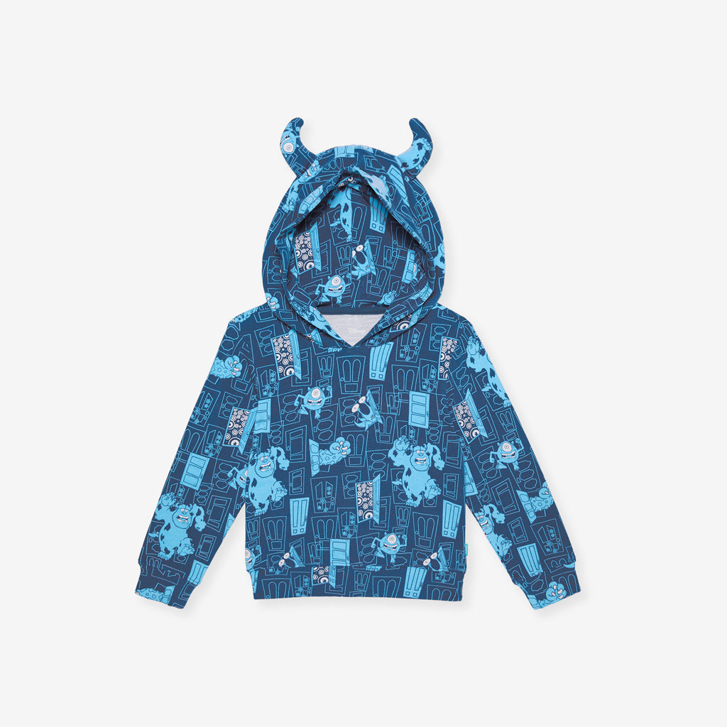 Blue hoodie with Pixar's Monsters Inc. pattern on a white background