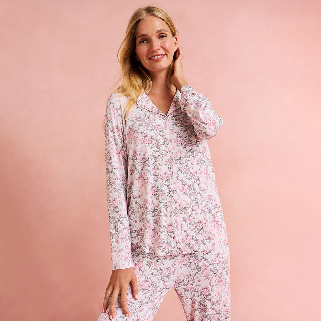 adult wearing a floral printed pajama set 